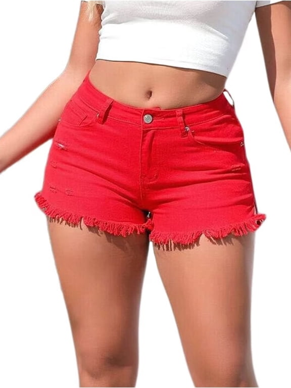 Womens Cowgirl Jean Shorts Denim Ripped Cut Off Fringe Frayed Raw Hem Party Rave Outfits Club Red XXL