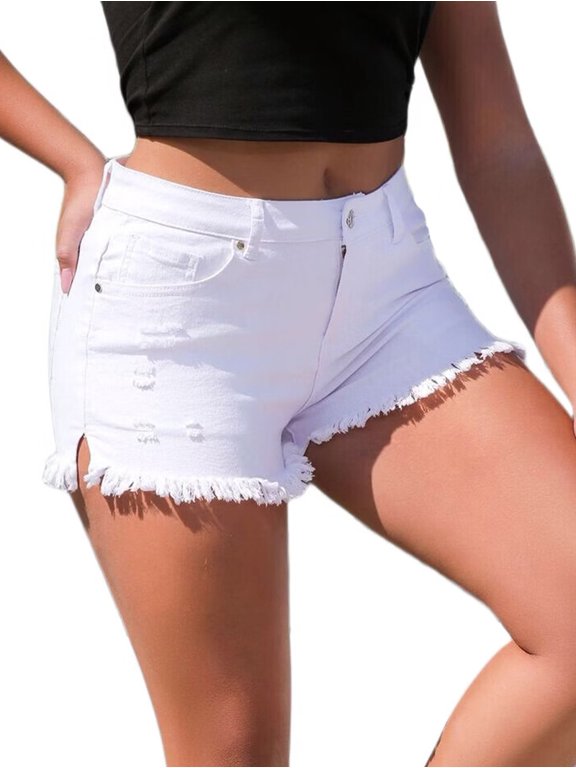 Womens Cowgirl Jean Shorts Denim Ripped Cut Off Fringe Frayed Raw Hem Party Rave Outfits Club White S