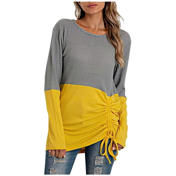 Womens Cowl Neck Casual Tunic Drawstring Long Sleeve Color Block Patchwork Pullover Tops