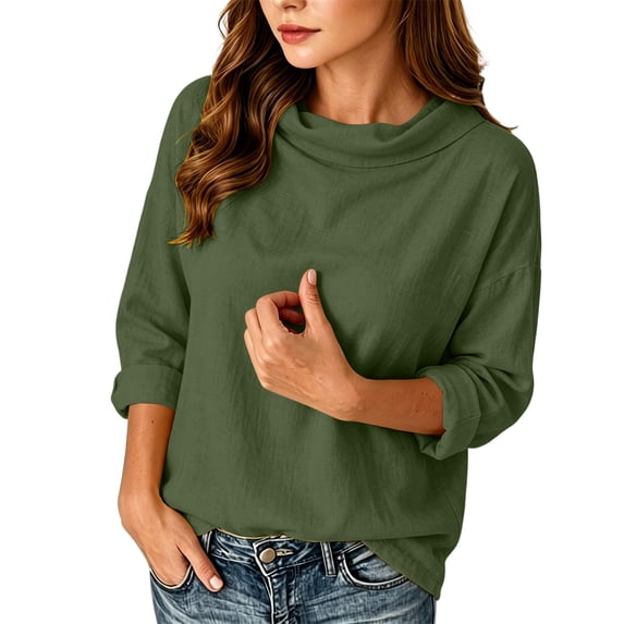 Womens Cowl Neck Cotton Linen Tops Casual Trendy Lightweight Fall Long Sleeve Loose Fit Blouse Green 2XL