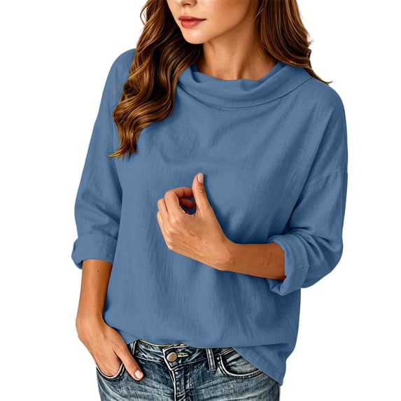 Womens Cowl Neck Cotton Linen Tops Fall Long Sleeve Casual Trendy Lightweight Loose Fit Blouse Blue XL