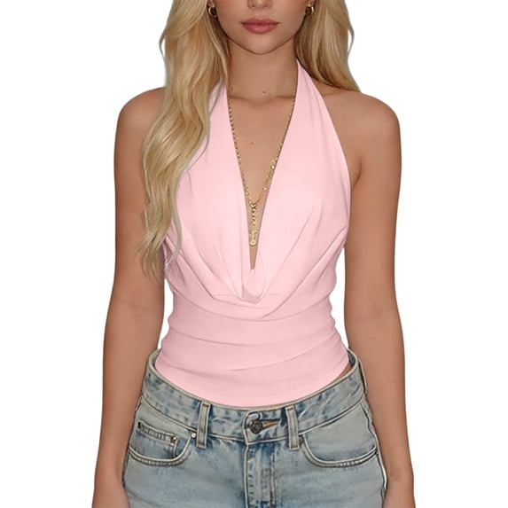 Womens Cowl Neck Halter Body Suits Summer Open Back Tank Tops