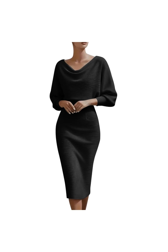 Womens Cowl Neck Pencil Dress, Elegant Long Sleeve Midi Dress for Office Cocktail Party