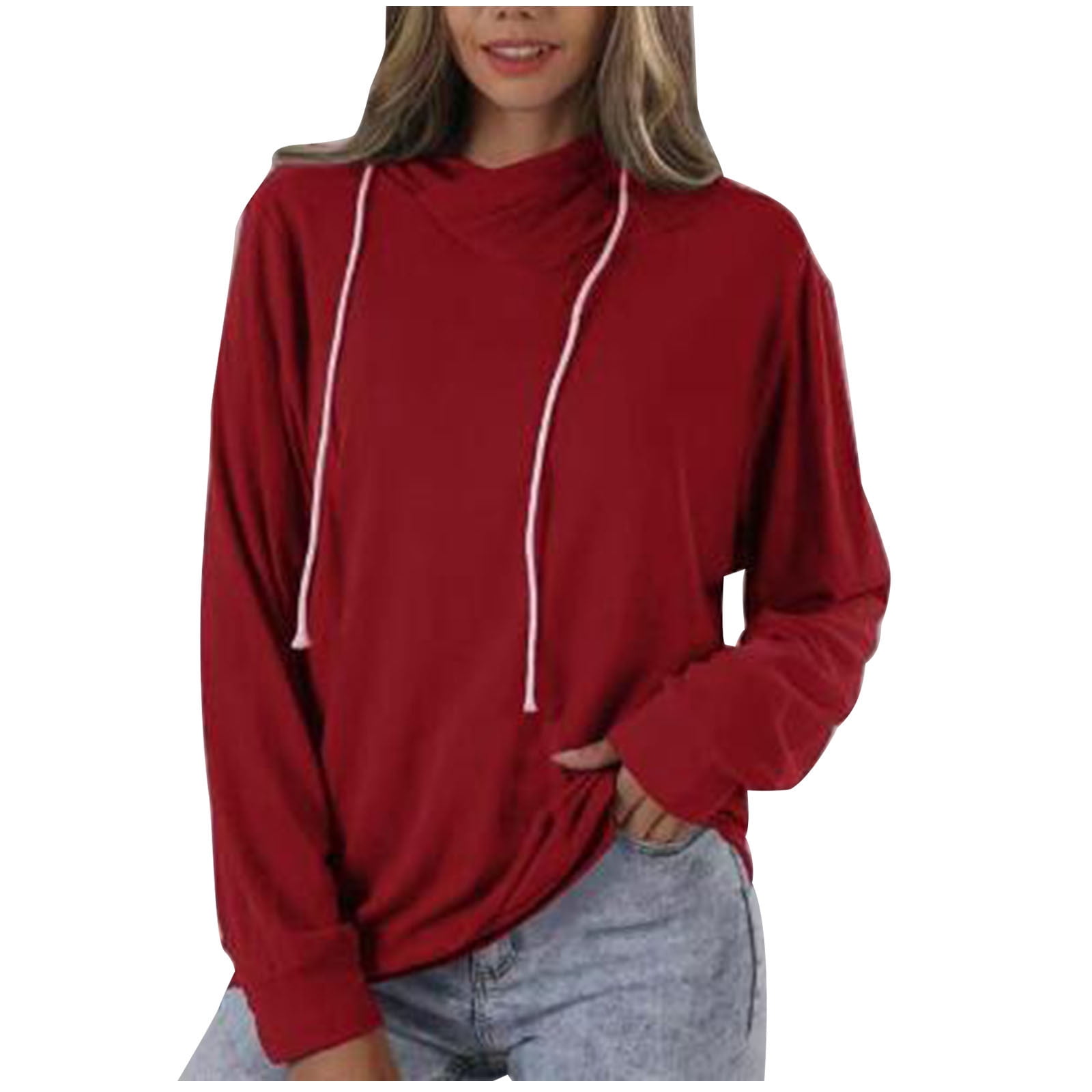 Women's Cowl Neck Uneven Hem Hoody Tunic - Casual Long Sleeve Sweatshirt With Pockets