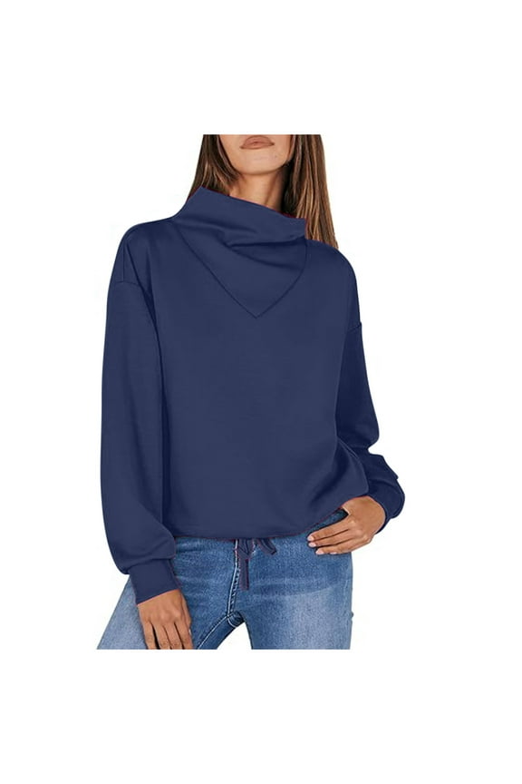 Womens Cowl Neck Sweatshirts Chic Drawstring Hem Pullover Long Sleeve Blouse Tops Fall Clothes