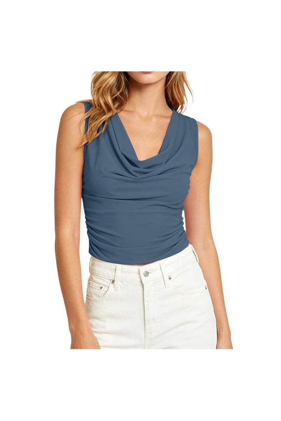 Womens Cowl Neck Tank Tops Summer Ruched Sleeveless Casual Shirts Side Shirring Tops Stretch Chic Slim Fit Going Out Blouses