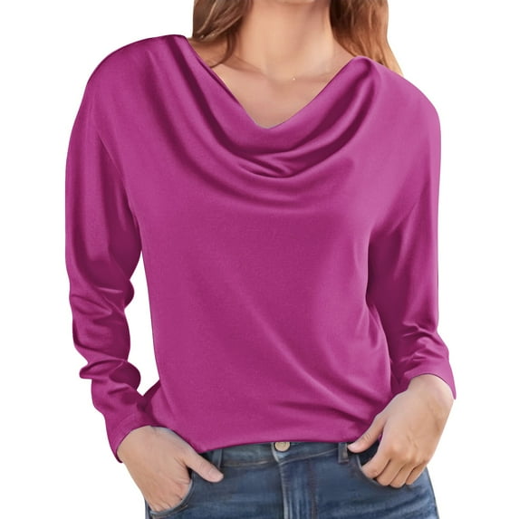 Womens Cowl Neck Tops, Comdrip Women's Long Sleeved Fashion Printed Tops Piled Collar T Shirt Women's Shirt Blusas Elegantes Para Mujer Hot Pink M