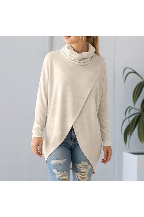 Womens Cowl Neck Tunic Tops, Long Sleeve Pullover Loose Casual Asymmetrical Split Hem Cotton Knit Sweatshirts Beige XXL