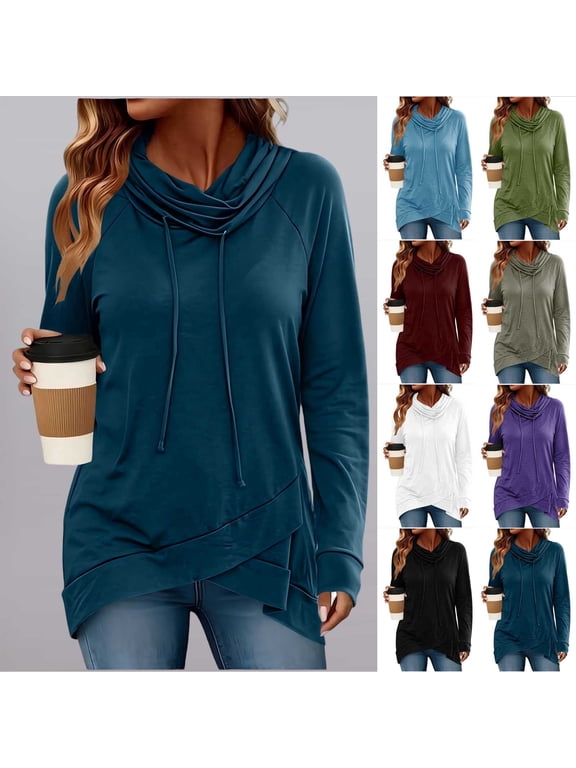 Womens Cowl Neck Tunic Tops Long Sleeve Pullovers Casual Drawstring Sweatshirts Asymmetrical Blouse 2026 Falls Shirts to Wear with Leggings