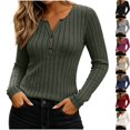 thumbnail image 1 of Womens Cozy Brushed Ribbed Knit Henley Long Sleeve Shirts Slim Fitted Tee V Neck Pullover Daily Casual Fall Clothes Y2K Everyday Wear, Army Green, XXL, 1 of 8