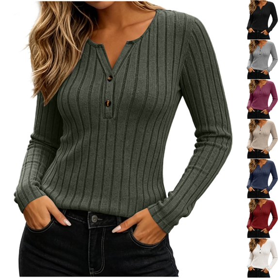 Womens Cozy Brushed Ribbed Knit Henley Long Sleeve Shirts Slim Fitted Tee V Neck Pullover Daily Casual Fall Clothes Y2K Everyday Wear, Army Green, XXL