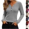 thumbnail image 1 of Womens Cozy Brushed Ribbed Knit Henley Long Sleeve Shirts Slim Fitted Tee V Neck Pullover Daily Casual Fall Clothes Y2K Everyday Wear, Gray, XL, 1 of 8