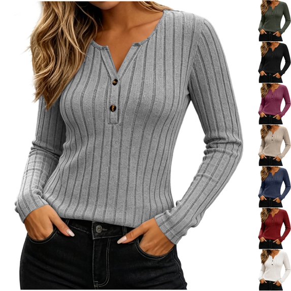 Womens Cozy Brushed Ribbed Knit Henley Long Sleeve Shirts Slim Fitted Tee V Neck Pullover Daily Casual Fall Clothes Y2K Everyday Wear, Gray, XL