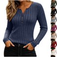 thumbnail image 1 of Womens Cozy Brushed Ribbed Knit Henley Long Sleeve Shirts Slim Fitted Tee V Neck Pullover Daily Casual Fall Clothes Y2K Everyday Wear, Navy, XXL, 1 of 8