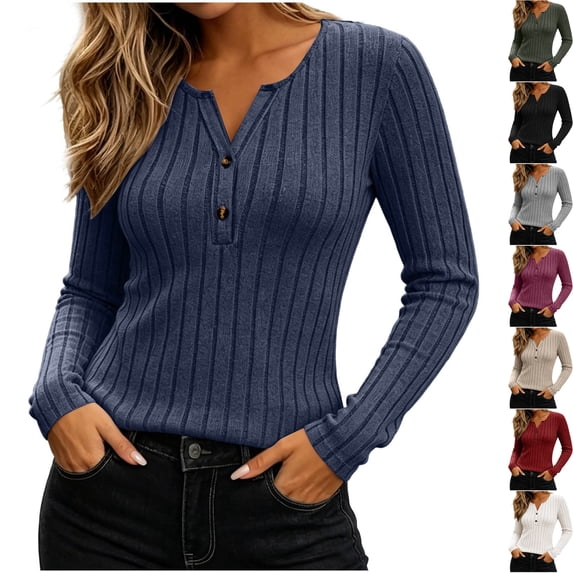 Womens Cozy Brushed Ribbed Knit Henley Long Sleeve Shirts Slim Fitted Tee V Neck Pullover Daily Casual Fall Clothes Y2K Everyday Wear, Navy, XXL