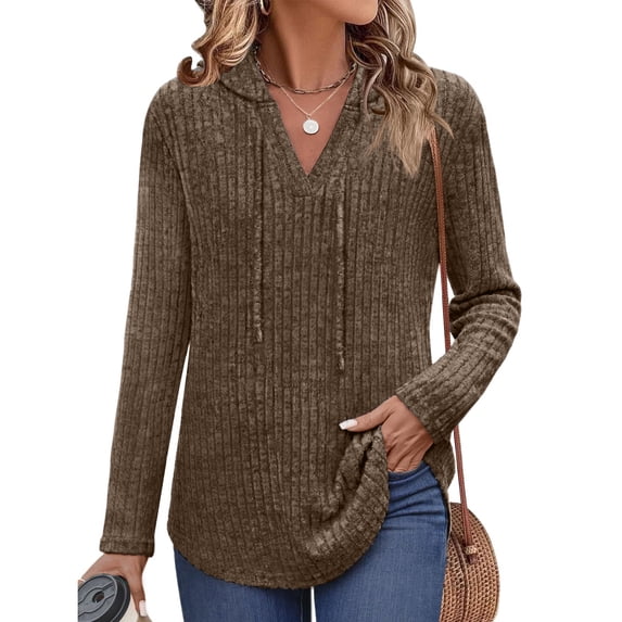 Womens Cozy Knit Sweaters Hoodies Ribbed V Neck Pullover Sweatshirts for Fall Outfits S-XXL 03-Brown S
