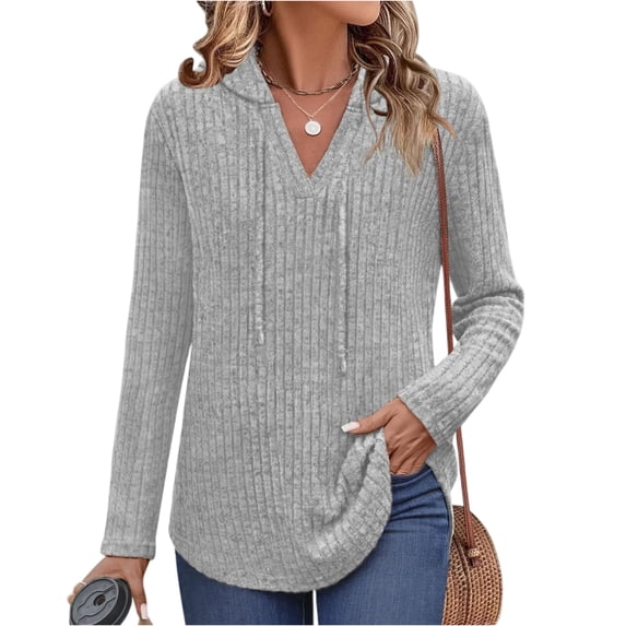 Womens Cozy Knit Sweaters Hoodies Ribbed V Neck Pullover Sweatshirts for Fall Outfits S-XXL 05-Gray S