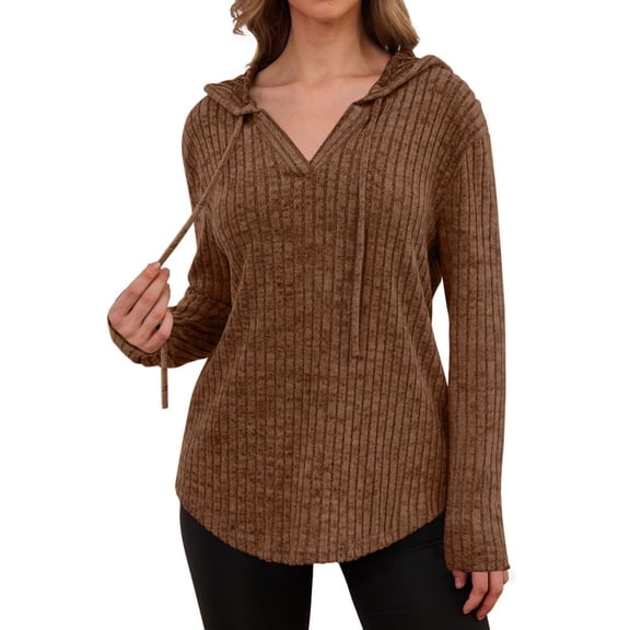 Womens Cozy Knit Sweaters Hoodies Ribbed V Neck Pullover Sweatshirts for Fall Outfits S-XXL