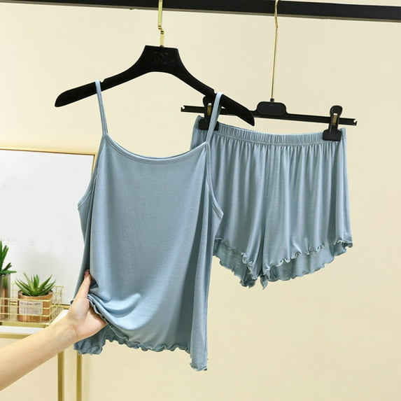 uublik Womens Cozy Loungewear Set Pajamas Sets Cami Shorts Sets Sleepwear Blue, XL