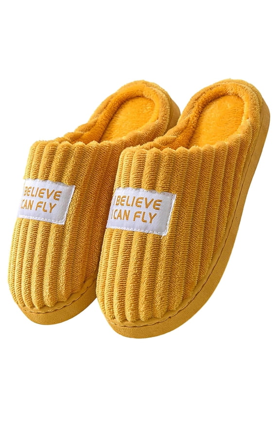 Womens Cozy Non-Slip Fleece Slippers for Indoor Outdoor, Yellow Plush House Shoes Mules with Motivational Patch (Unisex),Size 36