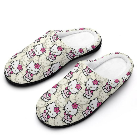 Womens Cozy Slippers Hello Kitty Warm Soft Plush Slipper Slip-on House Shoes for Home Indoor Outdoor