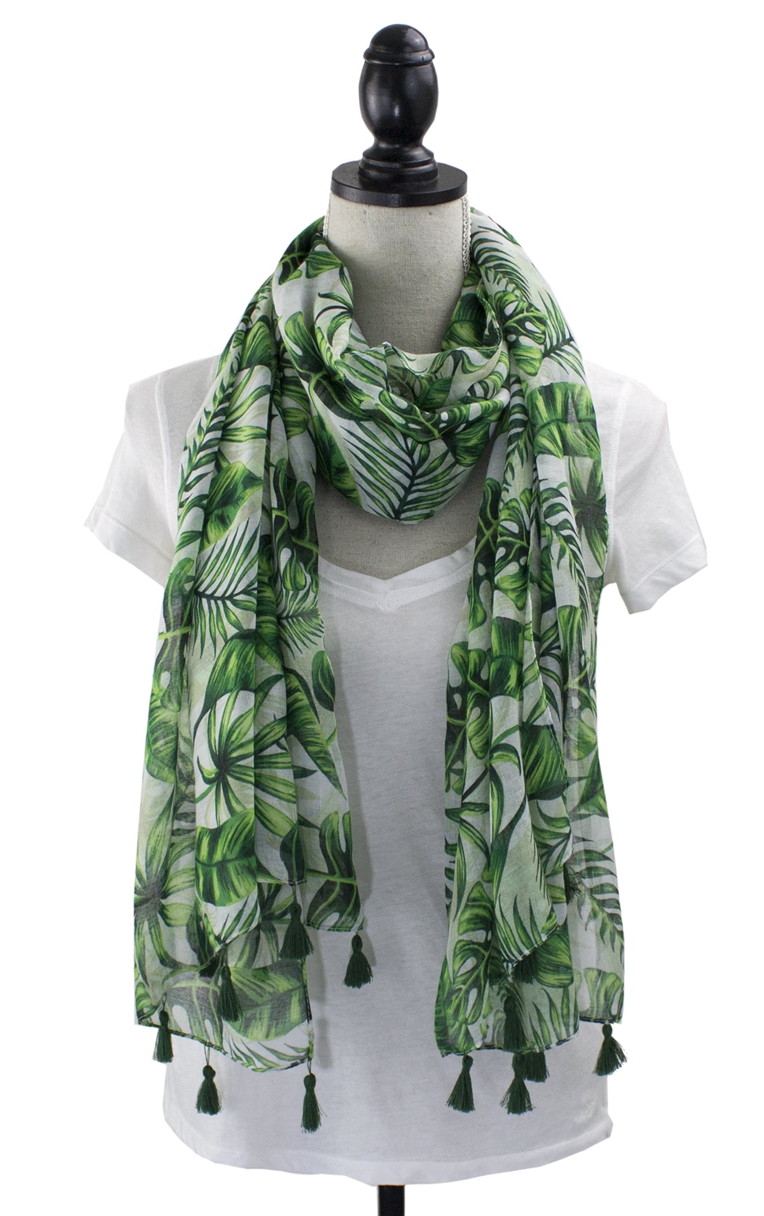Womens Cozy Tassels Oblong Cotton Scarf Lightweight Shawls Wrap (Palm  Leaf/Green)