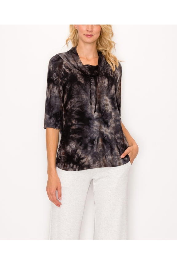 Womens Cozy Tie Dye Cowl Neck Side Ruched Top Navy/Brown M