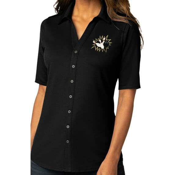 Womens Crashing Bowling Pins Button-Down Stretch Shirt, 4XL Black