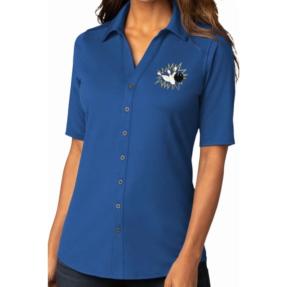 Womens Crashing Bowling Pins Button-Down Stretch Shirt, 4XL True Blue