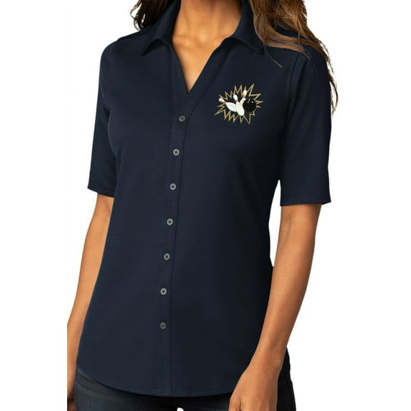 Womens Crashing Bowling Pins Button-Down Stretch Shirt, Extra-Small River Blue