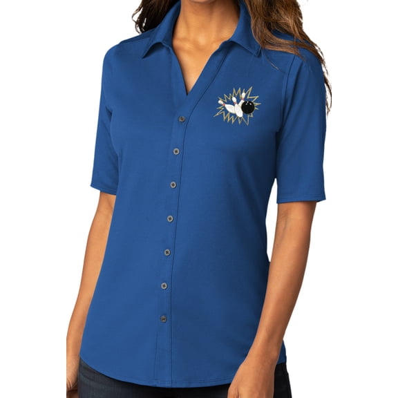 Womens Crashing Bowling Pins Button-Down Stretch Shirt, Small True Blue