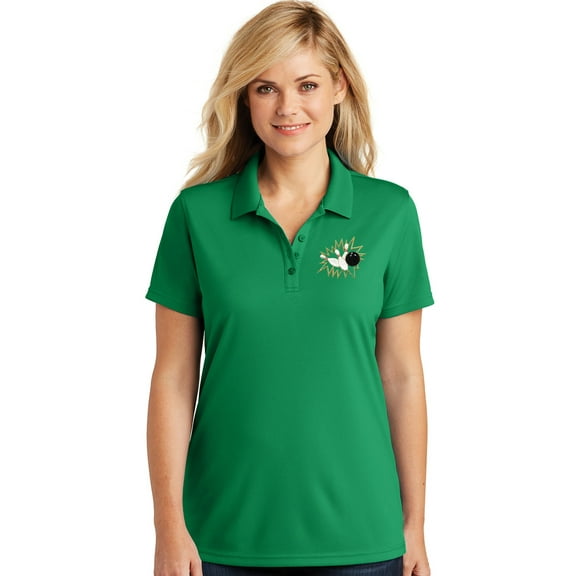Womens Crashing Bowling Pins Moisture-Wicking Polo Shirt, Extra-Small Bright Kelly Green