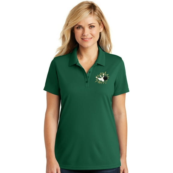 Womens Crashing Bowling Pins Moisture-Wicking Polo Shirt, Large Deep Forest Green