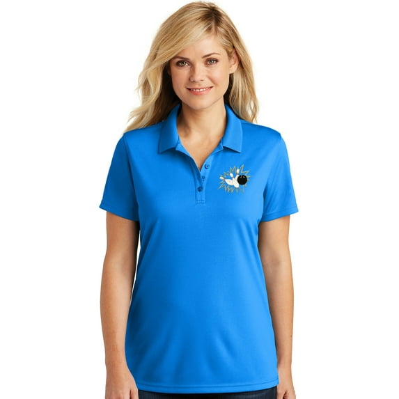 Womens Crashing Bowling Pins Moisture-Wicking Polo Shirt, Medium Coastal Blue