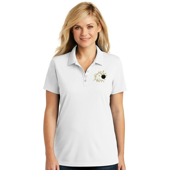 Womens Crashing Bowling Pins Moisture-Wicking Polo Shirt, Small White