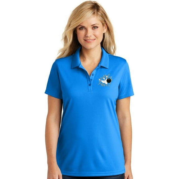 Womens Crashing Bowling Pins Moisture-Wicking Polo Shirt, XL Coastal Blue