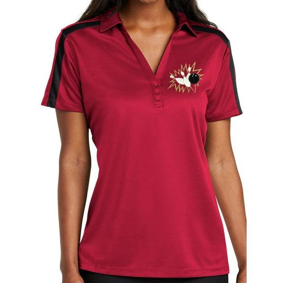 Womens Crashing Bowling Pins Polo Shirt - Red/Black, 2XL