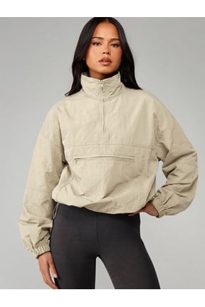Womens Cream Oversized Half-Zip Windbreaker Jacket With Elasticated Cuffs