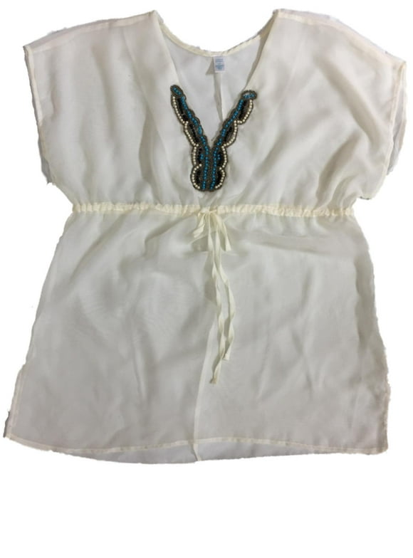 Womens Cream Peasant Top Embellished Swim Suit Cover Up Opaque Cover-Up Large
