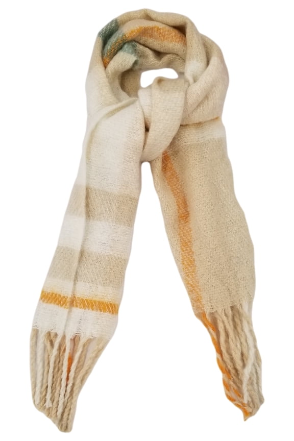 Womens Cream White Beige Orange Plaid Warm Blanket Scarf 72.5 by 17.5 Inches