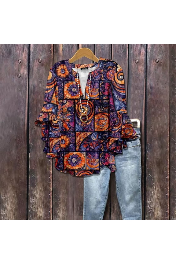 Womens Creativity Blouses Dressy Casual Boho Floral Printed 3/4 Ruffle Tops Trendy Loose Fit Breathable Casual Top 2026 Warm Orange 4XL