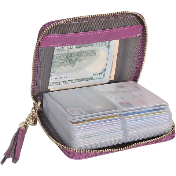 Womens Credit Card Holder Wallet Zip Leather Card Case RFID Blocking (Purple)