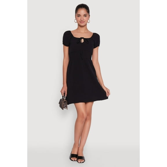 Womens Crepe Knit Puff Sleeve Peasant Dress