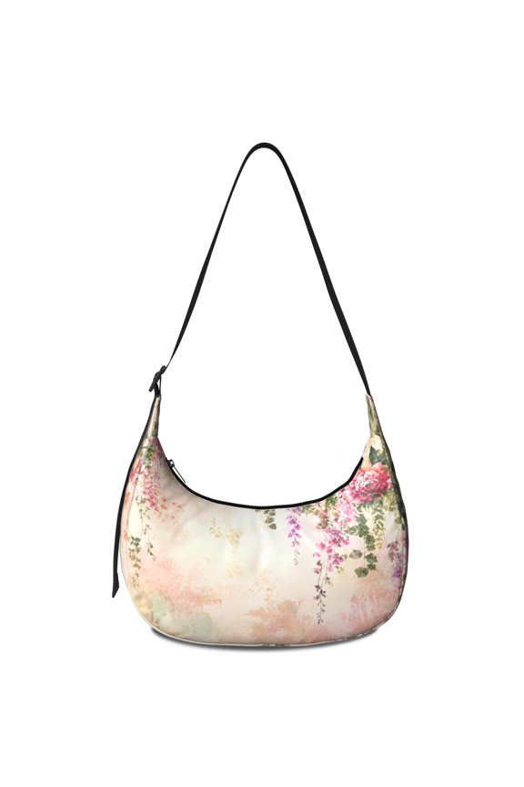 Womens Crescent Bag Floral Nylon Crossbody Purse Lightweight Adjustable Strap for Travel Commute