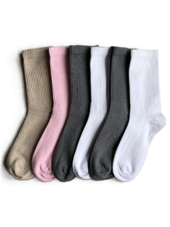 Womens Crew Casual Socks Cotton Seamless White Pink Brown Gray 6 Pairs