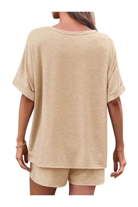 Womens Crew Neck 2-Piece Short Sets Cap Sleeve Drawstring Summer Sweatsuit with Pocket Khaki XL