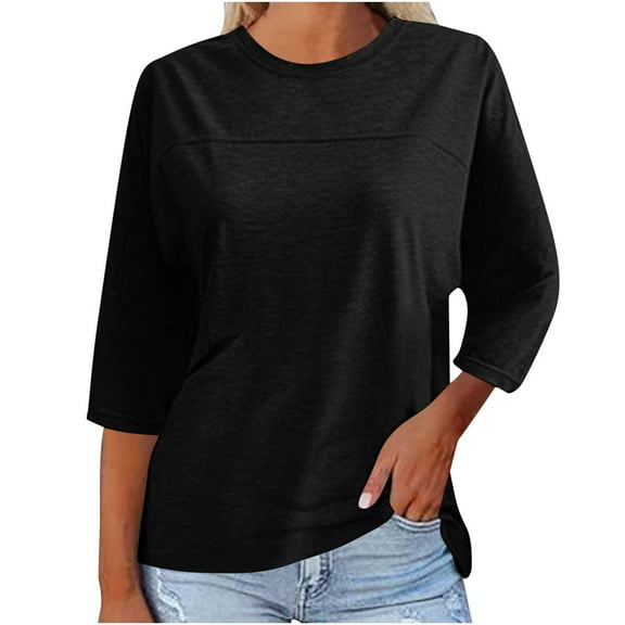 Womens Crew Neck 3/4 Sleeve Basic T-Shirts Solid Loose Cute Tunic Top Plain Basic Tees Black,L