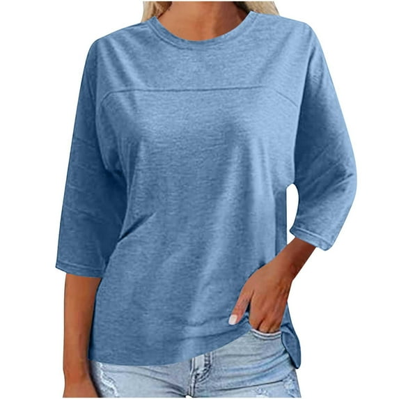 Womens Crew Neck 3/4 Sleeve Basic T-Shirts Solid Loose Cute Tunic Top Plain Basic Tees Blue,S