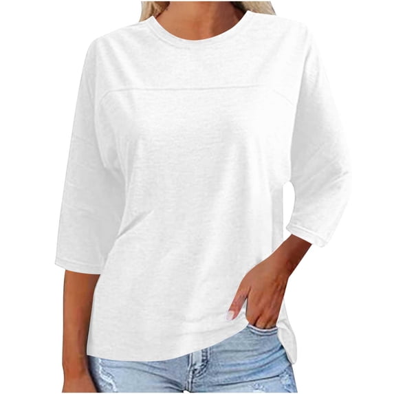 Womens Crew Neck 3/4 Sleeve Basic T-Shirts Solid Loose Cute Tunic Top Plain Basic Tees White,S
