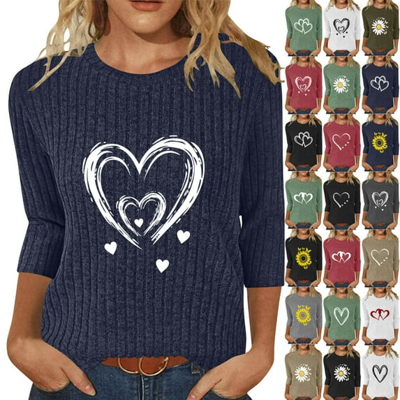 Womens Crew Neck 3/4 Sleeve Tops Basic Button Fall Outfits T-Shirts Solid Loose Cute Tunic Tee Blouses Fit Pullover Thanksgiving Heart-patterned Lightweight Tops Blouse as Women's Gift